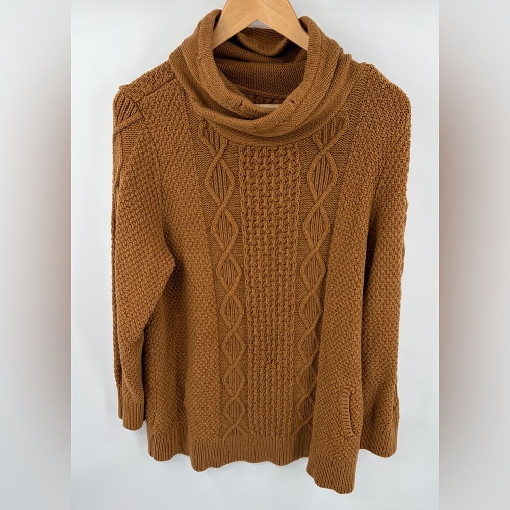 L.L. Bean signature fisherman cable knit funnel neck tan brown sweater womens XL